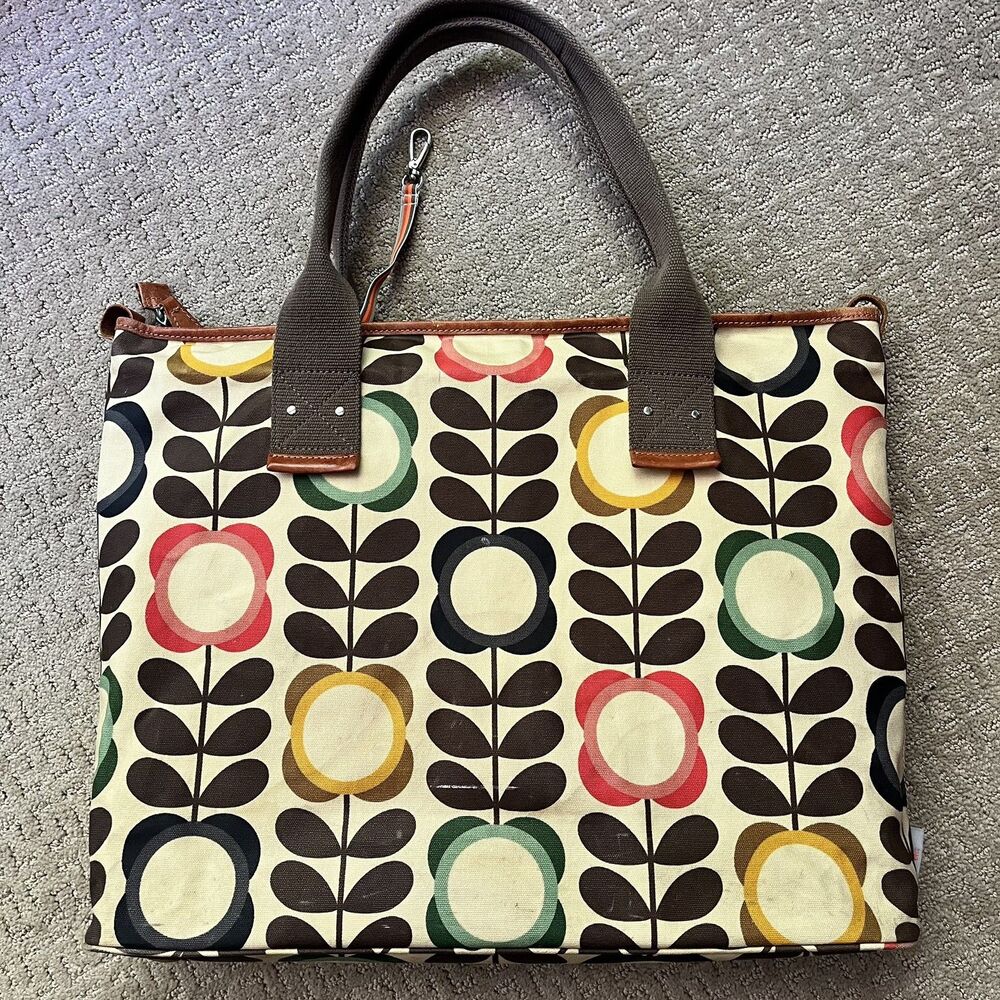 Orla Kiely Iconic Flower Print Coated Cotton Canvas Zip Tote Rare Retro Colorful